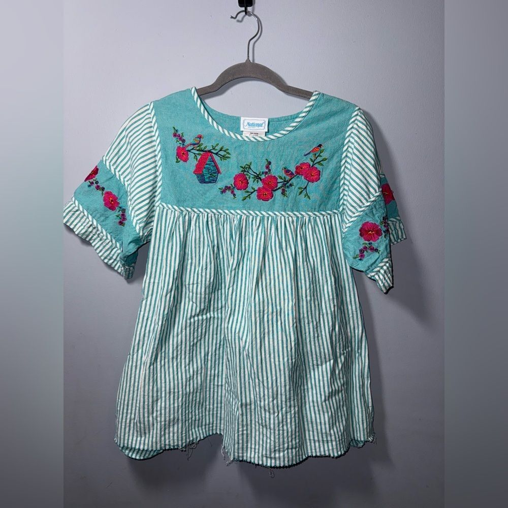 *MODIFIED* National Floral Embroidered Striped Short Sleeve cottagecore Top Sm